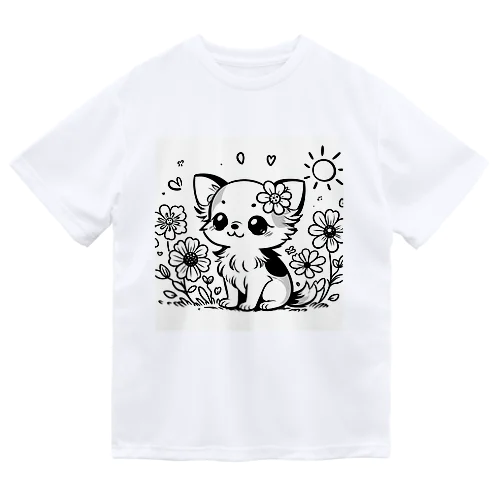 **お花の子犬のチワワ**モノクロ Dry T-Shirt