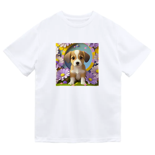 陽気な子犬と春の花々 ドライTシャツ