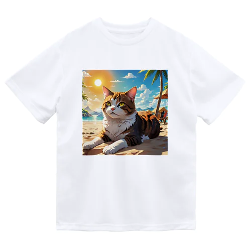 砂浜の猫 ドライTシャツ