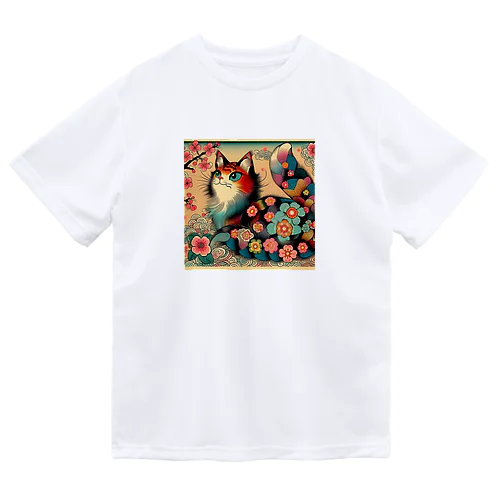 浮世絵風　カラフル猫「Ukiyo-e-style Colorful Cat」「浮世绘风格的多彩猫」 ドライTシャツ