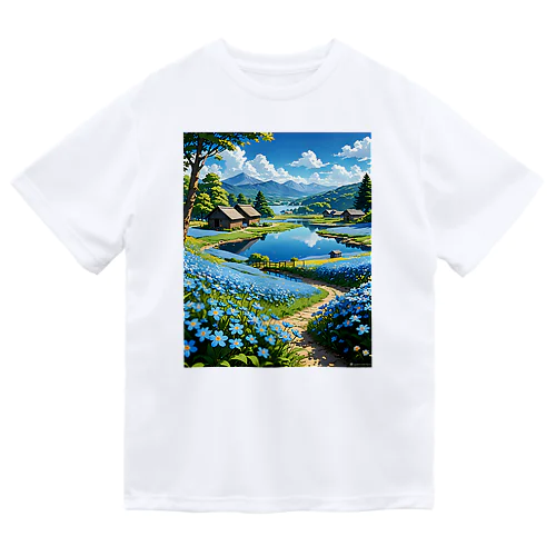 湖のほとり青の草原 ドライTシャツ