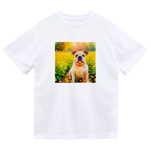 水彩画の犬 花畑のブルドッグのイラスト Dry T-Shirt
