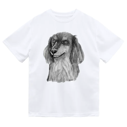 ダックス　アート犬モノクロ　ブラックタン ドライTシャツ