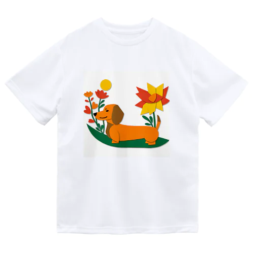 ダックスフンドとお花 ドライTシャツ