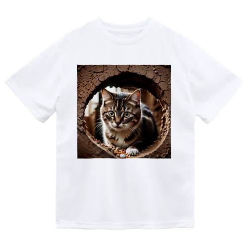 穴から覗く猫 ドライTシャツ