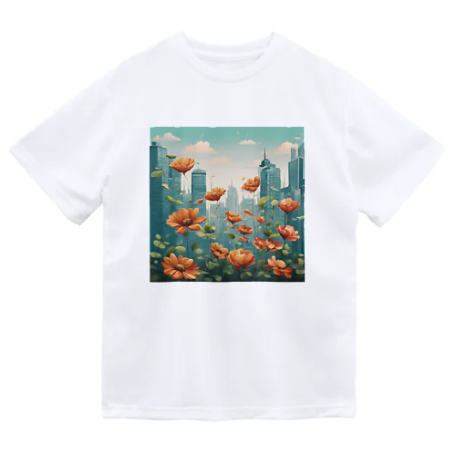 都市の背景に浮かぶ花 ドライTシャツ