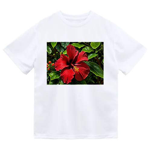南国の花ハイビスカス・赤 ドライTシャツ