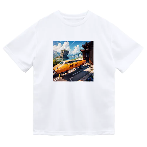00036-A vintage yellow car with the word NEBOY written on it. The car is parked in front of a wooden building and near a cl Dry T-Shirt