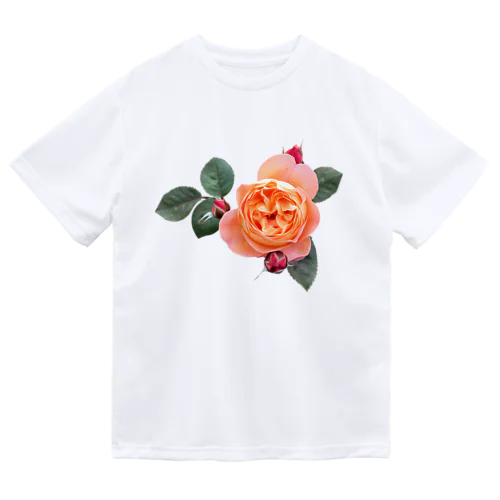 【ロマン】蕾と葉のついたオレンジピンクの薔薇 ドライTシャツ