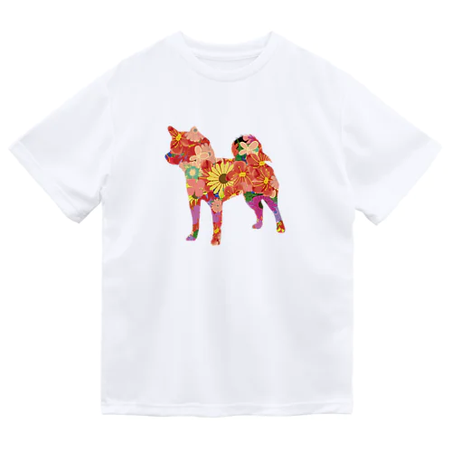 可愛い花々柴犬 ドライTシャツ