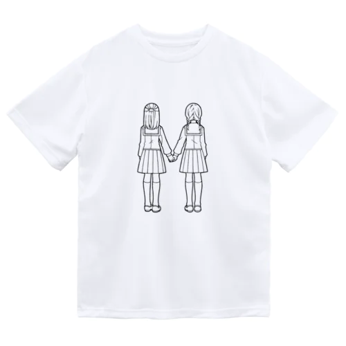 手を繋いだ二人の少女（線画） ドライTシャツ