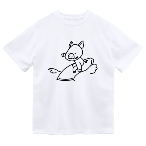 サーフィンをするブタさん（黒線） ドライTシャツ