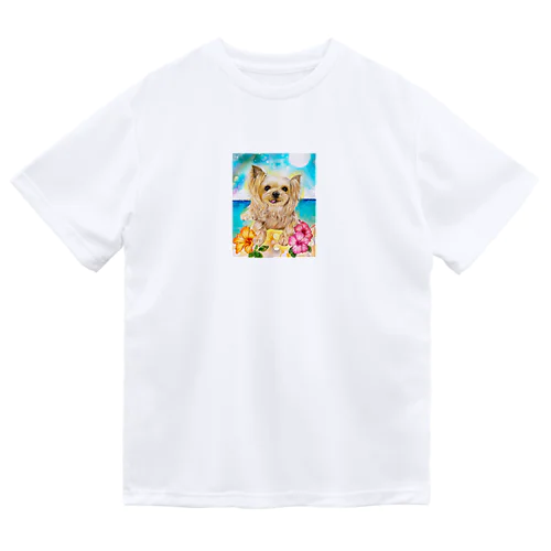 ヨーキー常夏ハイビスカス ドライTシャツ