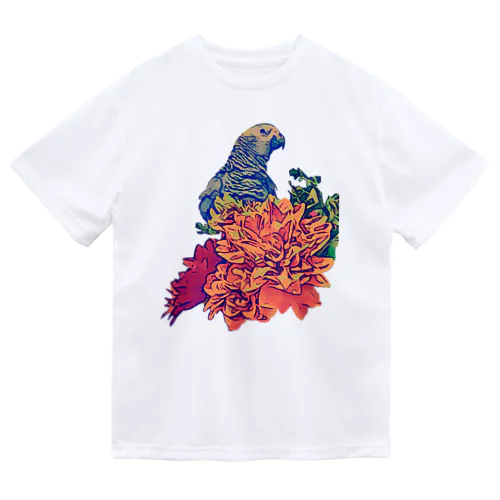 ヨウムと花 ドライTシャツ