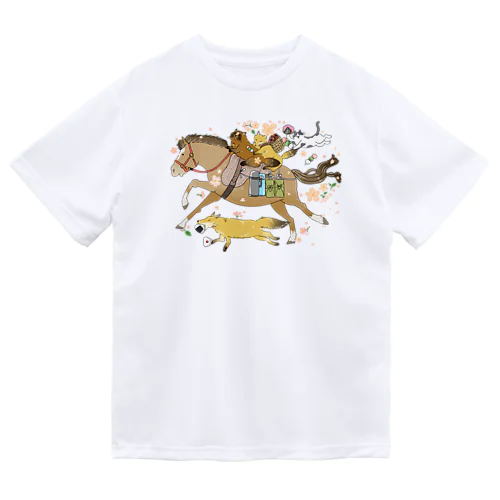 お花見に向かう馬、狸狐猫 ドライTシャツ