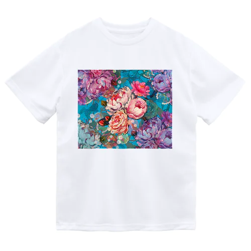 薔薇、芍薬、牡丹のボタニカルブーケと螺鈿模様の壁紙イラスト Dry T-Shirt