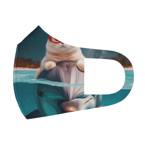 イルカと猫が海を共に泳ぐ異種間の絆が存在 フルグラフィックマスク