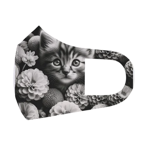 子猫が可憐な花の白黒写真 フルグラフィックマスク