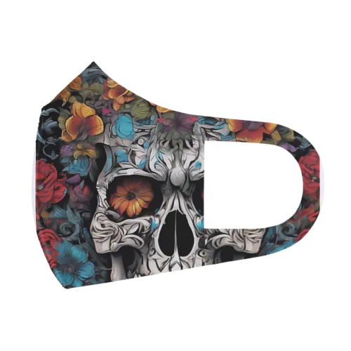 色鮮やかな花々と入り組んだ頭蓋骨のタトゥーデザイン フルグラフィックマスク
