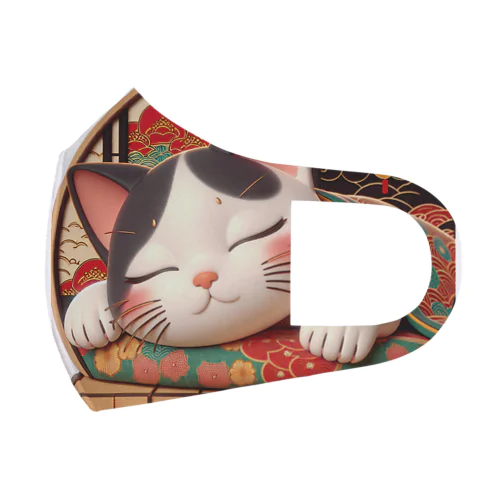 浮世絵風　カラフルな眠り猫"Ukiyo-e Style: Colorful Sleeping Cat" "浮世绘风格：色彩丰富的睡猫" Face Mask