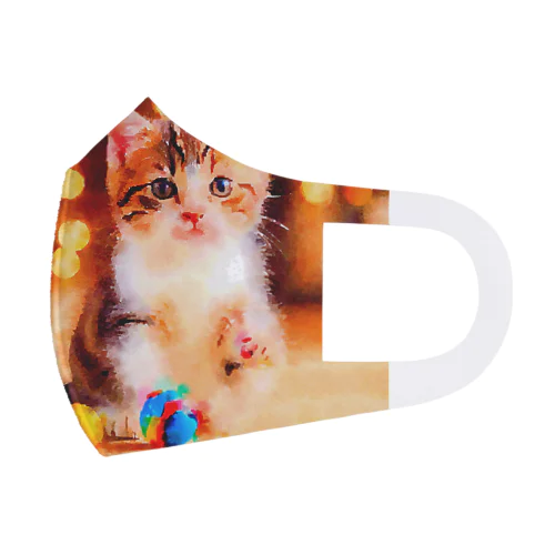 猫の水彩画/キジシロねこのイラスト/おもちゃで遊ぶキジ白ネコ フルグラフィックマスク