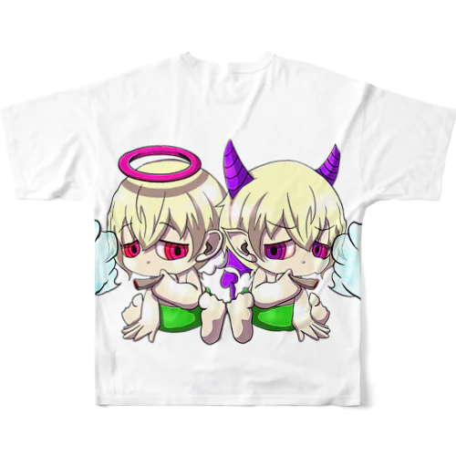 天使と悪魔のchill フルグラフィックTシャツ