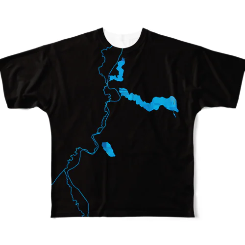 釧路湿原／モザイクブルー＆ブラック フルグラフィックTシャツ