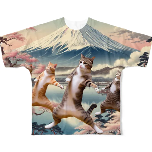 富士山とダンス猫 フルグラフィックTシャツ