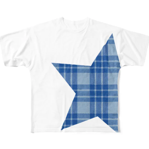 チェック柄スター blue フルグラフィックTシャツ