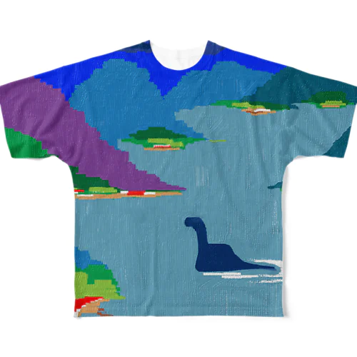 ネッシーと湖 フルグラフィックTシャツ