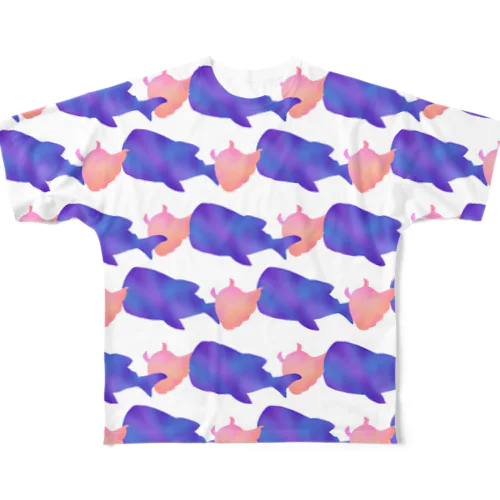 ハリスパ シルエット総柄🐠ホワイト フルグラフィックTシャツ