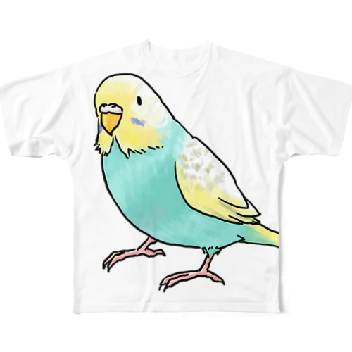 ごきげんセキセイインコ【まめるりはことり】 フルグラフィックTシャツ