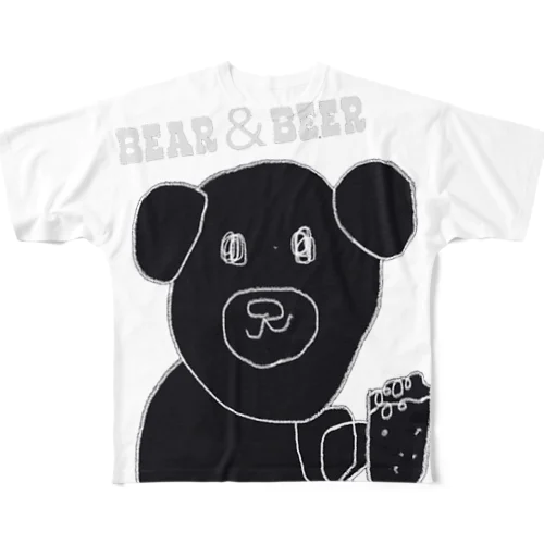 クマとビール フルグラフィックTシャツ