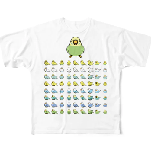 整列セキセイインコ隊【まめるりはことり】 フルグラフィックTシャツ