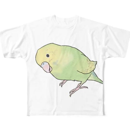 首傾げ　スパングルセキセイインコちゃん【まめるりはことり】 All-Over Print T-Shirt