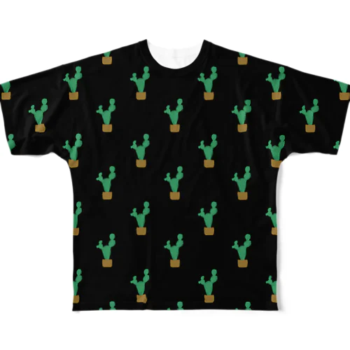 水彩サボテン🌵ブラック フルグラフィックTシャツ