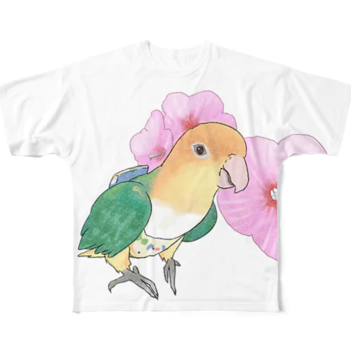 お花とシロハラインコちゃん【まめるりはことり】 All-Over Print T-Shirt