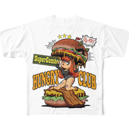 "HUNGRY CLUB" フルグラフィックTシャツ