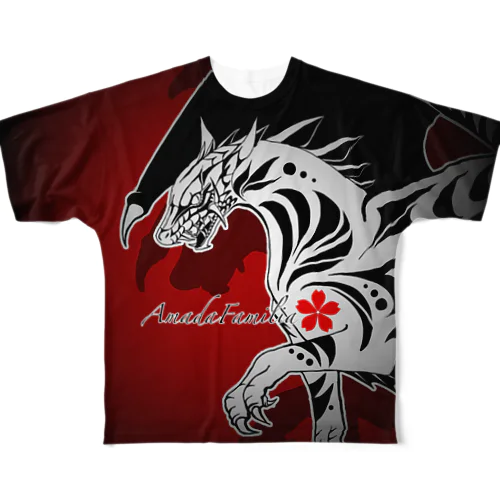 AmadaFamiliaトライバルドラゴン影 フルグラフィックTシャツ