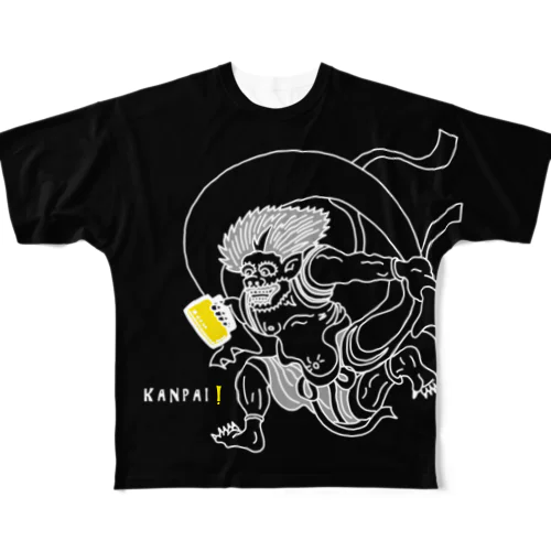 名画 × BEER（風神雷神）白線画-ブラック All-Over Print T-Shirt