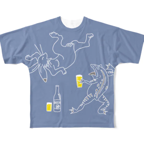 名画 × BEER（鳥獣戯画）白線画-ブルーグレー フルグラフィックTシャツ