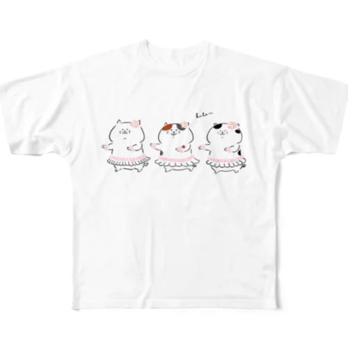 フラダンス猫さん　シンプルver（白、ミケ、白黒ぶち） フルグラフィックTシャツ