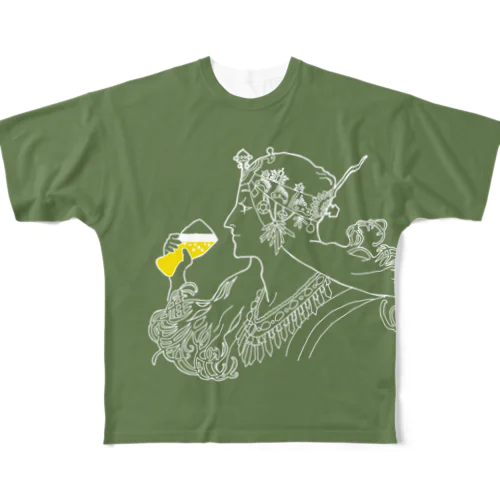 名画 × BEER（ミュシャ）白線画-グリーン フルグラフィックTシャツ