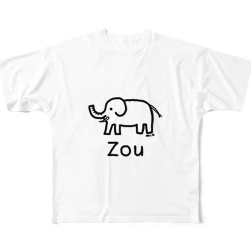 Zou (ゾウ) 黒デザイン フルグラフィックTシャツ