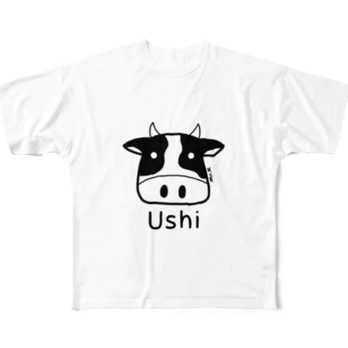 Ushi (牛) 黒デザイン フルグラフィックTシャツ