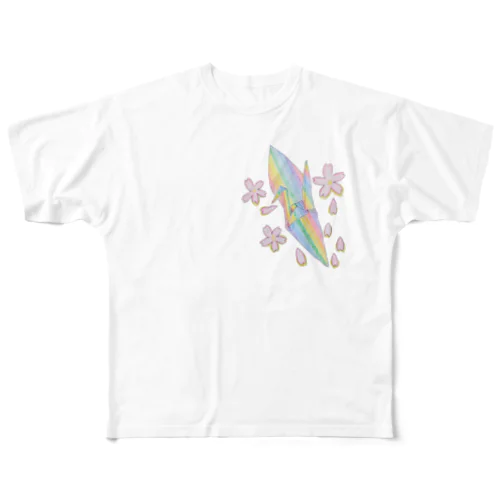 虹色の折り鶴と桜 フルグラフィックTシャツ