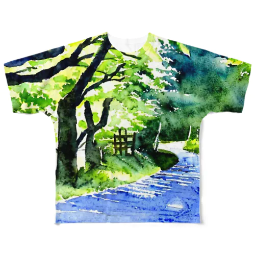 水彩画風新緑の川1 All-Over Print T-Shirt