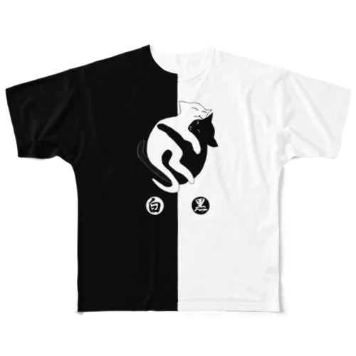 ’’白黒猫ちゃん’’　(前後２面プリント)  フルグラフィックTシャツ