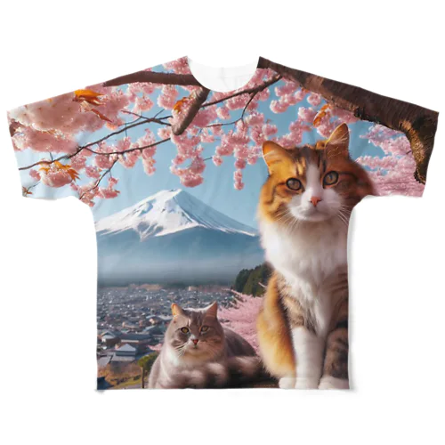 富士山と猫 All-Over Print T-Shirt