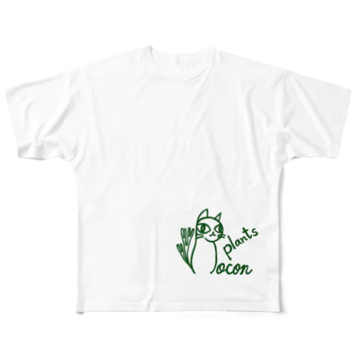 ロコン猫 アーミーグリーン フルグラフィックTシャツ